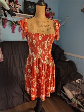 Xhilaration Orange Floral Smocked Mini Dress